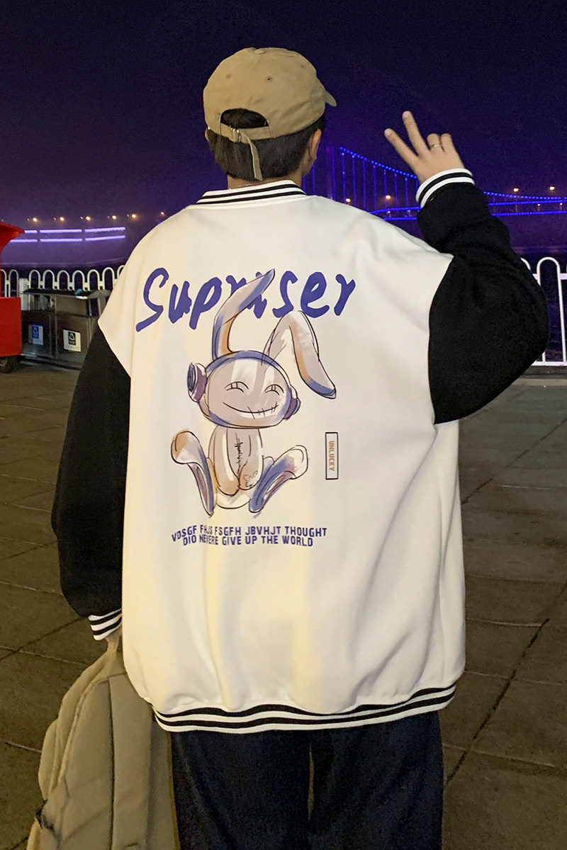 Y8889P55港风夜景棒球领棒球服卡通兔子印花情侣开衫卫衣港风,男装卫衣,电商A050