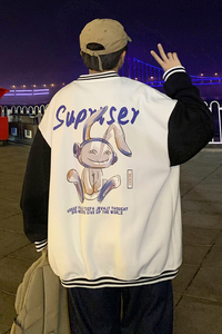 Y8889 P55 港风夜景 棒球领棒球服卡通兔子印花情侣开衫卫衣港风图片