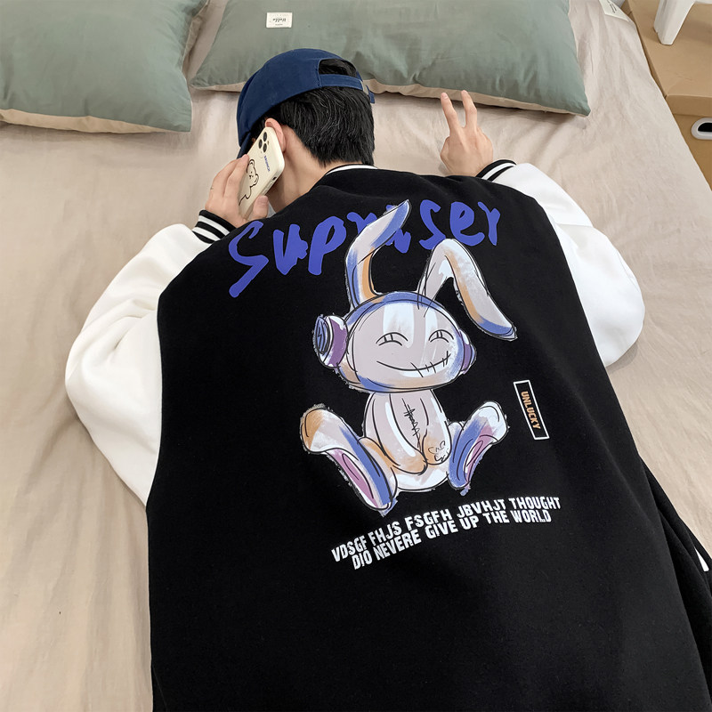 Y8889P55室内港风兔子印花港风休闲情侣棒球领棒球服开衫卫衣,男装卫衣,电商A050