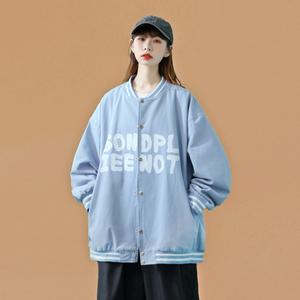 J906 P50 中性风 港风情侣字母印花夹克加大码潮流棒球领棒球服图片