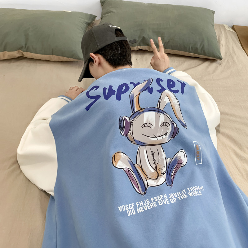 Y8889P55室内港风拼色开衫卫衣棒球领棒球服情侣兔子印花港风,男装卫衣,电商A050