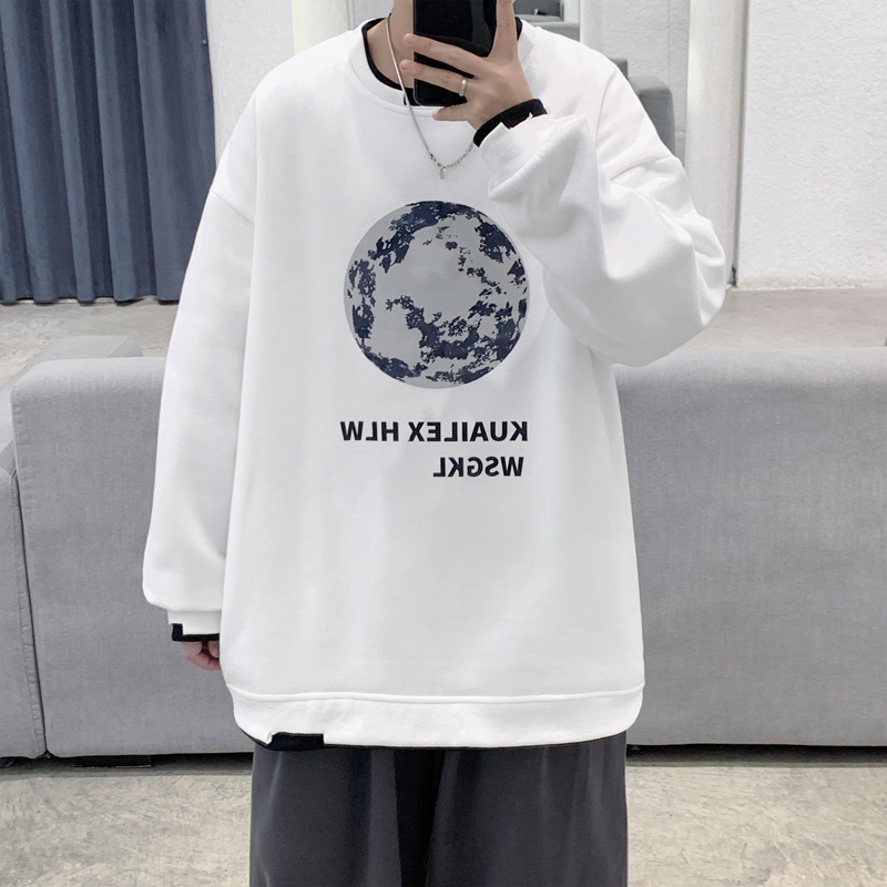 Y003P45基地港风潮流月球印花百搭春装情侣青年港风假两件卫衣，男装卫衣，电商A050