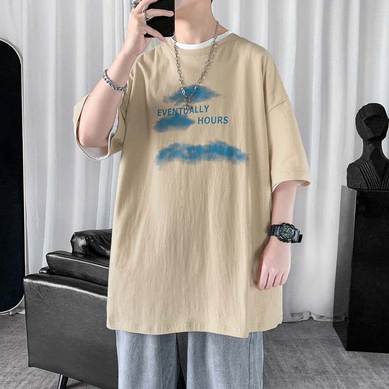 T106P20短句风云朵印花短袖学生休闲宽松纯情侣装T恤港风,男装T恤,电商A050