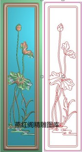 精雕图荷花班台餐椅背板灰度图侧边板浮雕图石雕荷叶莲花柱子竖板