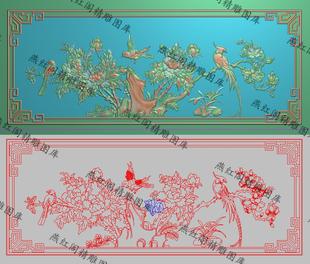 牡丹花鸟床靠背中板精雕图灰度图浮雕精品玉兰凤凰背板横841x364