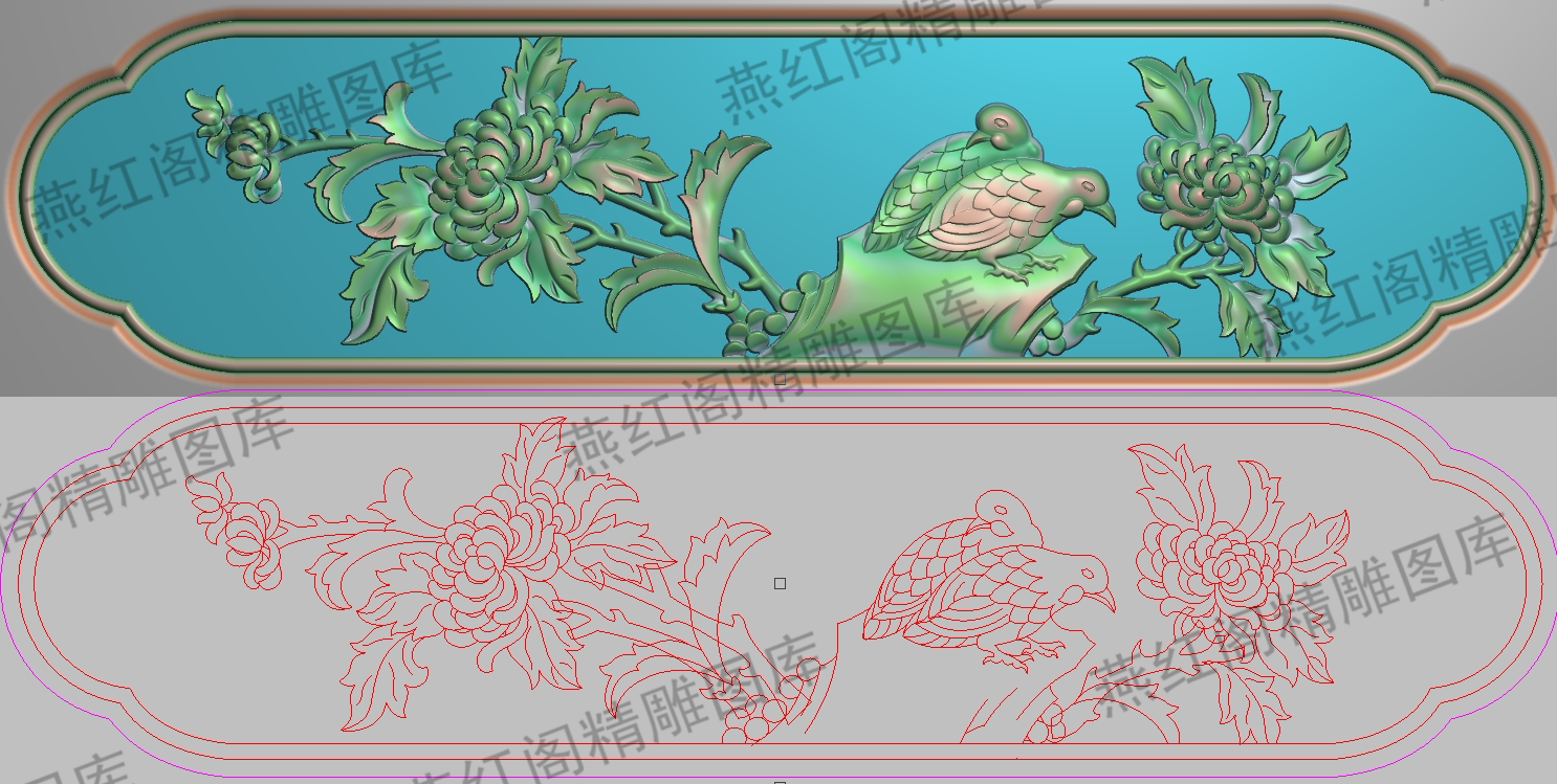 精雕图jdp灰度图bmp浮雕图精品菊花双鸟围板横板挡板侧板395x98