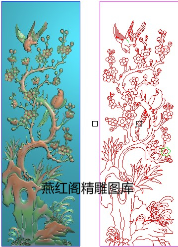 精雕图梅花花鸟背板灰度图喜登梅竖板浮雕图衣柜书柜门板梅花喜鹊