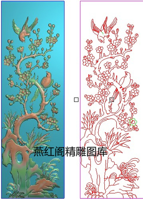 精雕图梅花花鸟背板灰度图喜登梅竖板浮雕图衣柜书柜门板梅花喜鹊