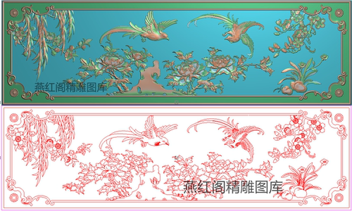 精雕图花鸟沙发横背板浮雕图梅花柳树牡丹花凤凰大床靠背867x260