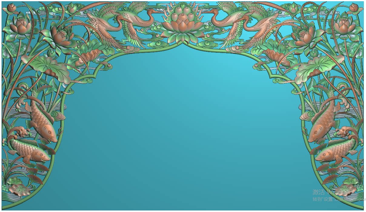 荷花鱼仙鹤火宝莲花镂空通透挂落门楣月洞床边框精雕图jdp灰度bmp