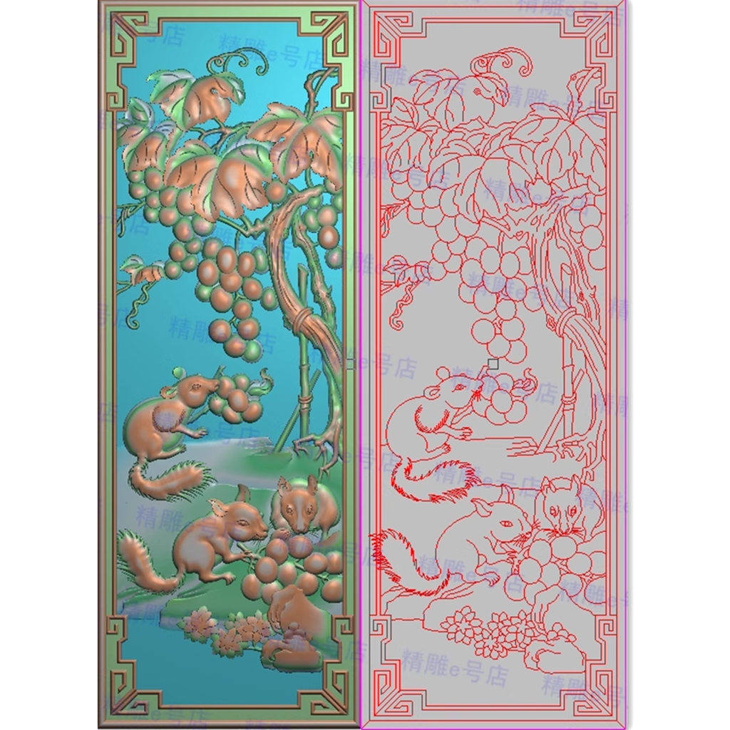 精雕图灰度图浮雕图精品檀雕松鼠葡萄提子倚背板门板竖板128x353