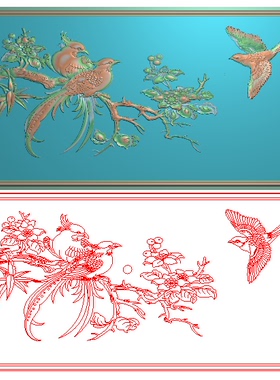 精雕图花鸟沙发椅背板灰度图浮雕图竹子海棠凤凰单人靠背568x296