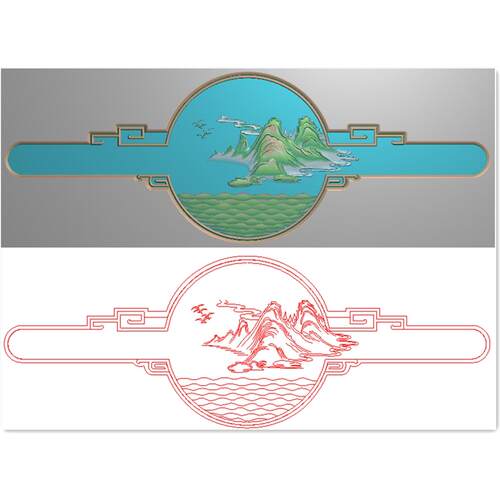 精雕图灰度图圆山水简单新中式沙发大床背板床头花板横板海鸥水纹