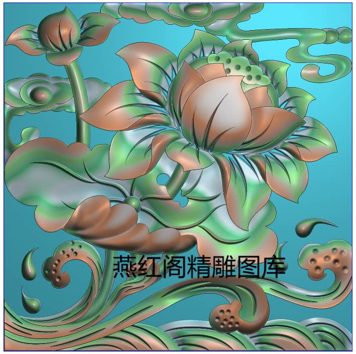 带线荷花莲花水纹祥云正方形花草柜门四方板精雕图灰度浮雕木石雕
