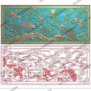 横向松鹤祥云镂空花板精雕图仙鹤延年横板屏风透雕灰度图浮雕图
