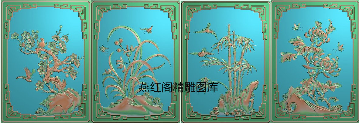 精雕图灰度图电脑雕刻图四季花蝴蝶花鸟梅兰竹菊书柜门板385x532