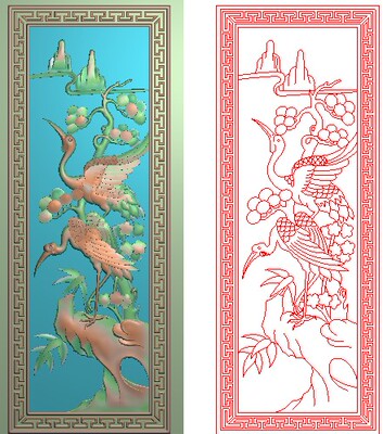 精雕图灰度松鹤竹子花鸟沙发床靠背边板山水仙鹤门板竖板160x415