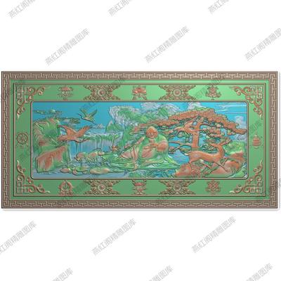 藏式福禄寿挂壁山水松鹤鹿寿星迎客松横向屏风精雕图灰度图浮雕图