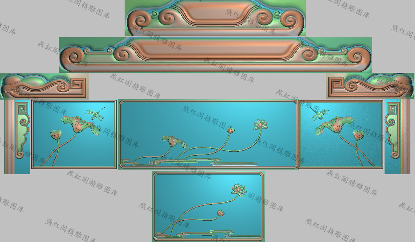 新款荷花沙发精雕图财源如意靠头浮雕图精品蜻蜓荷花床椅背板莲花