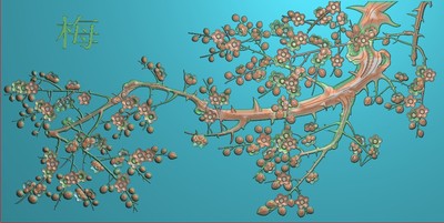 梅花横板精雕图花鸟四季花梅背板挡板617x310灰度图浮雕木雕石雕