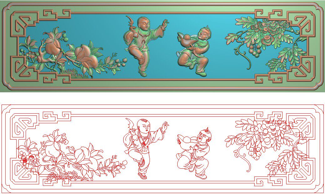 百子童子围板精雕图灰度图浮雕图寿桃元宝蝙蝠抽斗拉手横板346x95