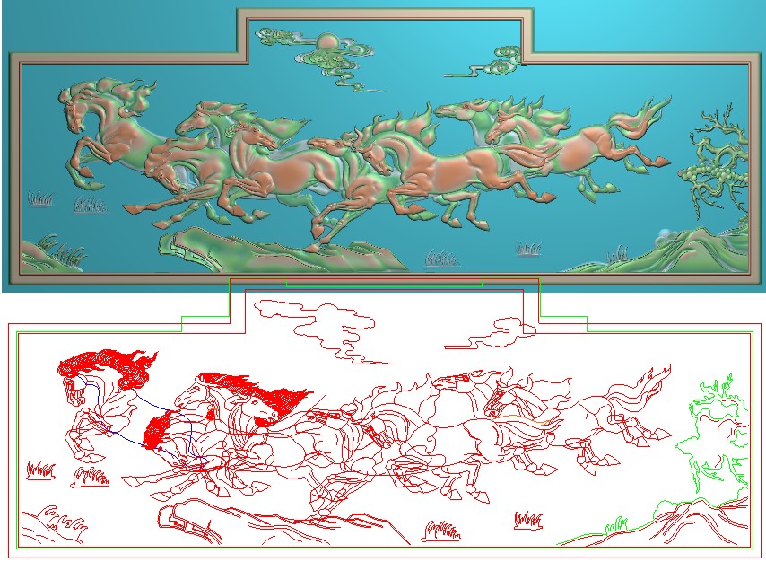 八俊马精雕图灰度图浮雕图电脑雕刻精品宝马沙发床背板马1109x410