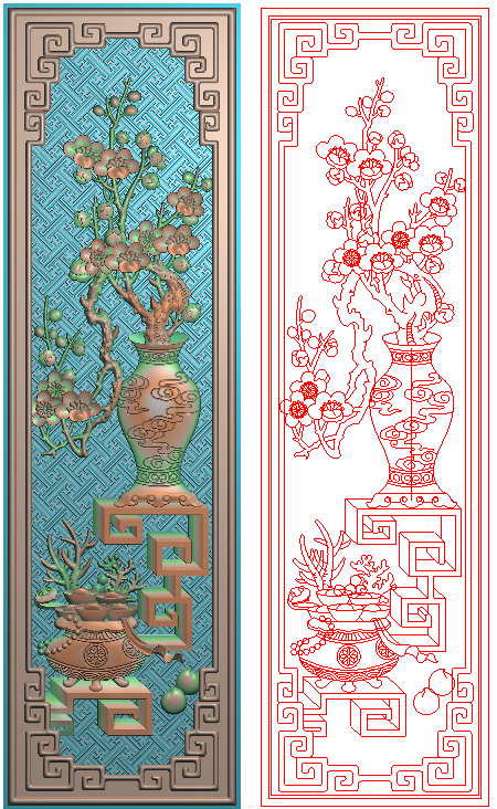 高清精雕图灰度图浮雕图电脑雕刻图 精品梅花花瓶餐椅背板88x308