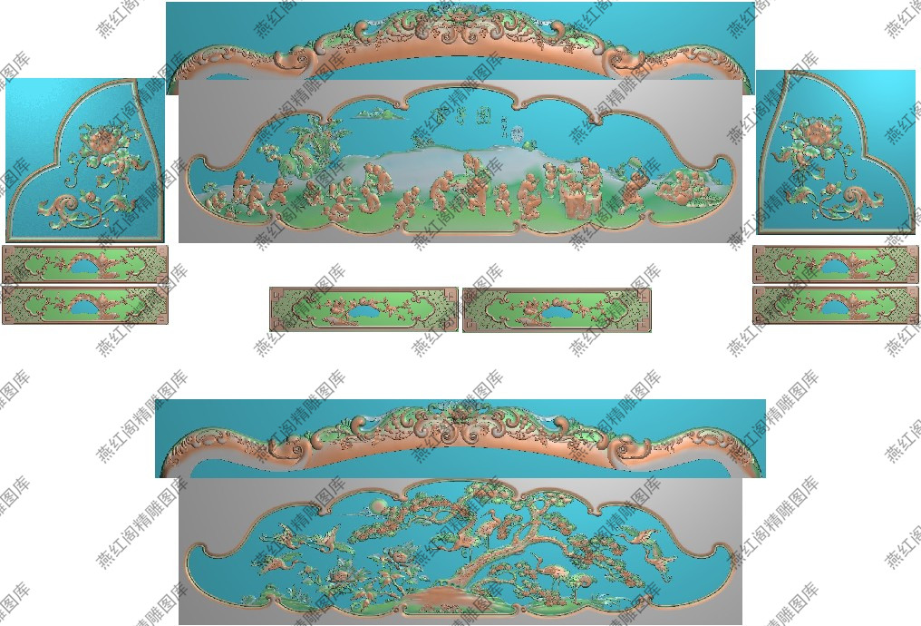 高清精雕图灰度图浮雕图电脑雕刻图精品百子松鹤富贵大床新款特价