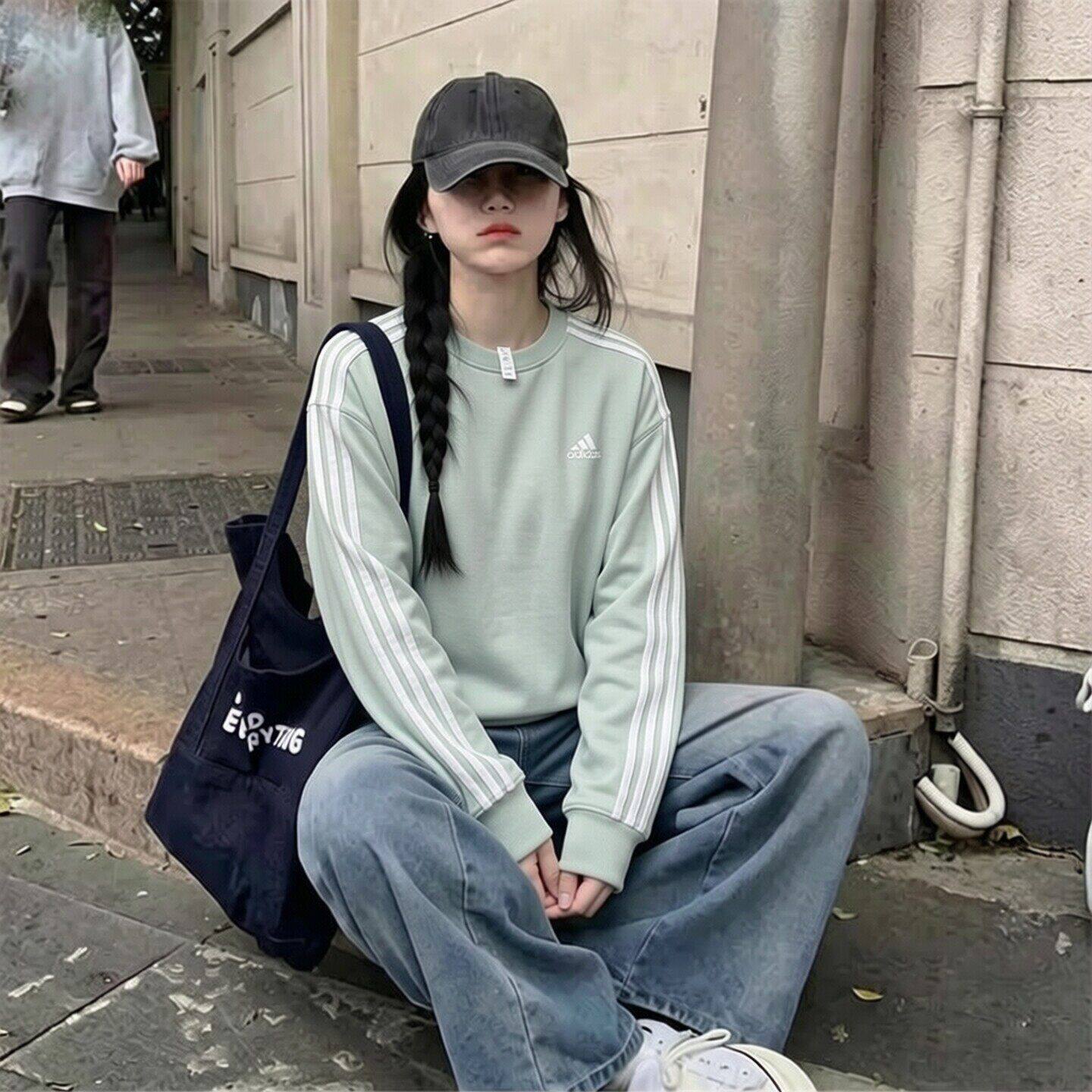 阿迪达斯浅绿卫衣女秋季新款复古韩版打底衫上衣运动保暖套头外套