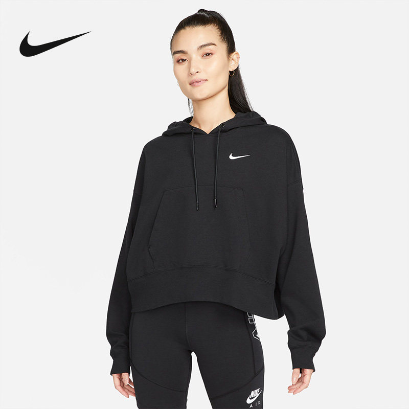 NIKE耐克针织套头衫女装秋季正品黑色连帽短款卫衣上衣DM6418-010
