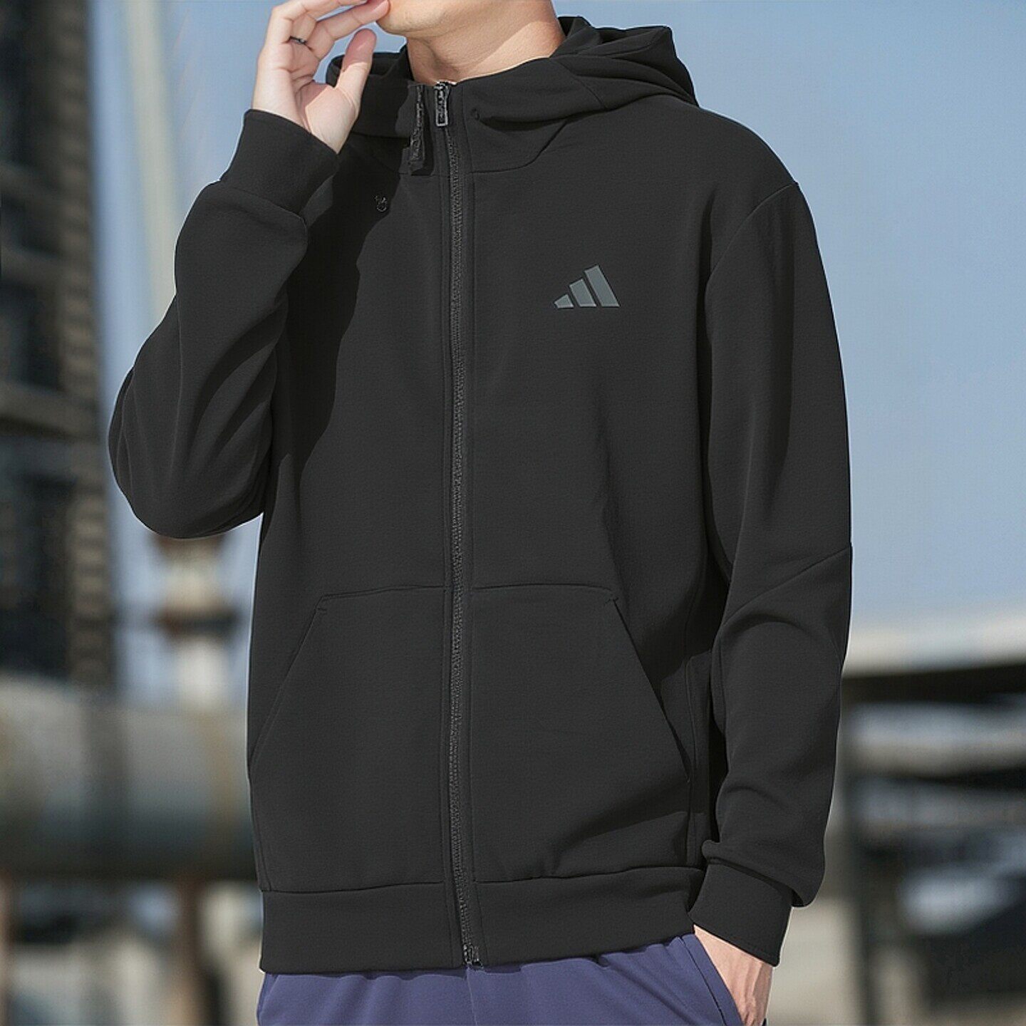 阿迪达斯纯色外套男秋季新款连帽篮球复古针织休闲宽松运动服夹克