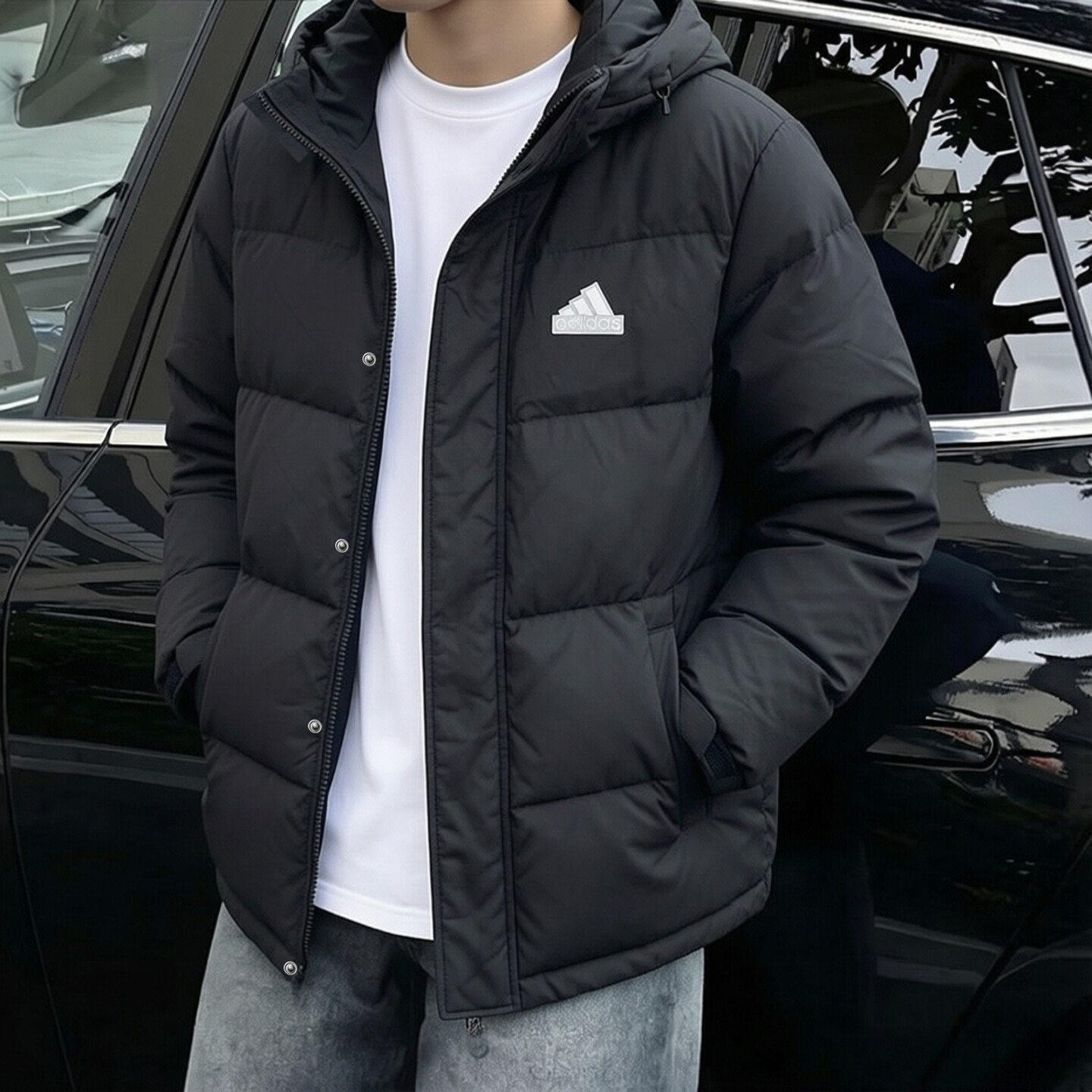 adidas羽绒服男冬季防风黑色美式复古韩版宽松男士鸭绒加厚面包服