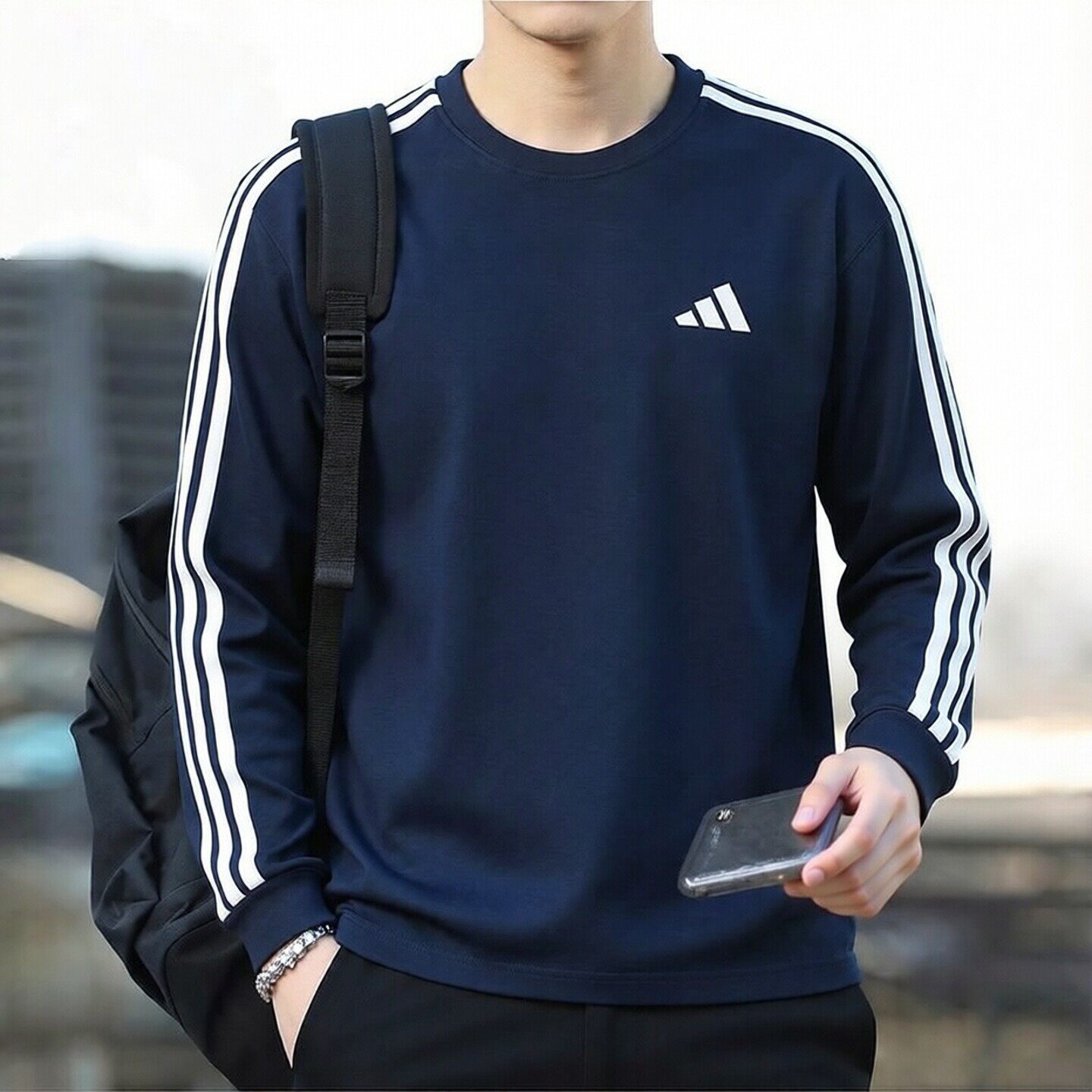 阿迪达斯春秋季卫衣男士新款休闲圆领长袖T恤打底衫蓝色衣服外套
