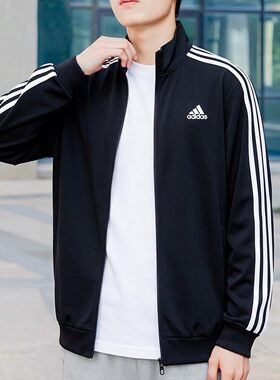 阿迪达斯黑色夹克男春季新款休闲梭织上衣运动服复古外套男H46099