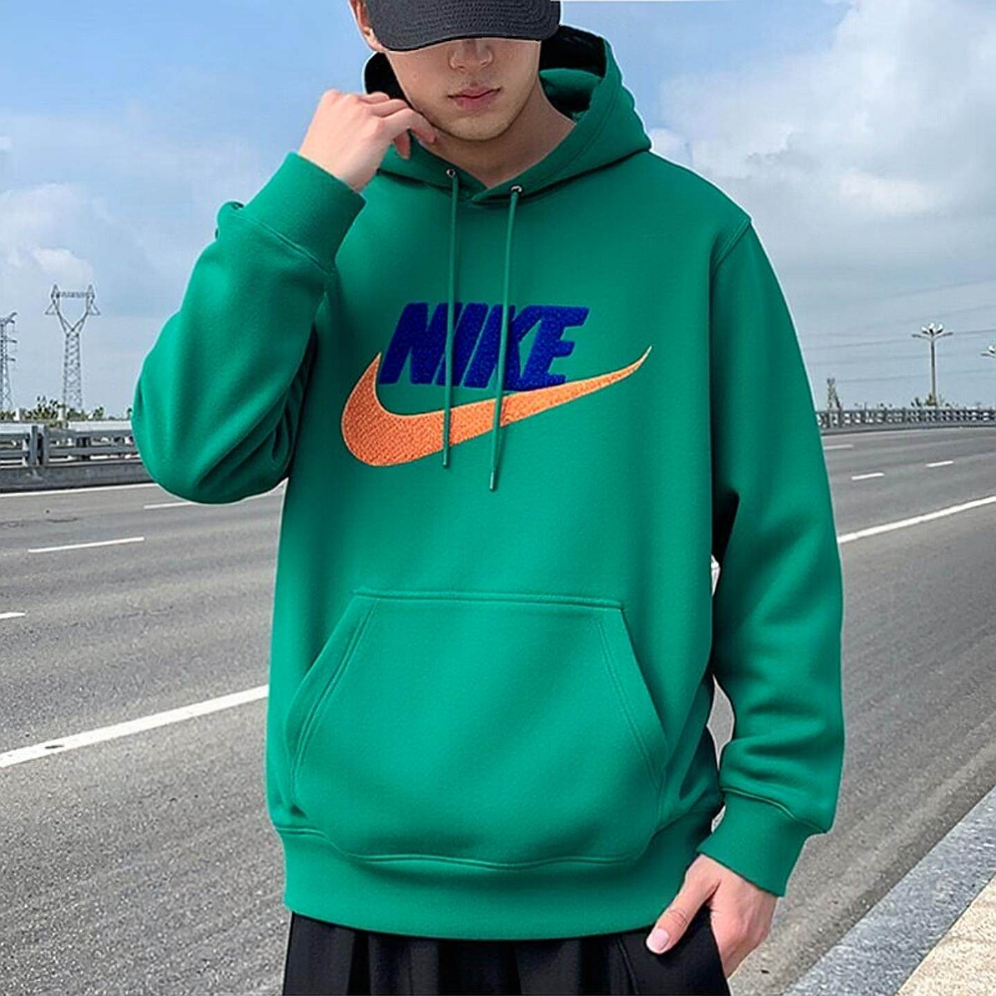 绿色连帽卫衣Nike耐克男子加绒外套冬季新款保暖上衣厚款棉运动装