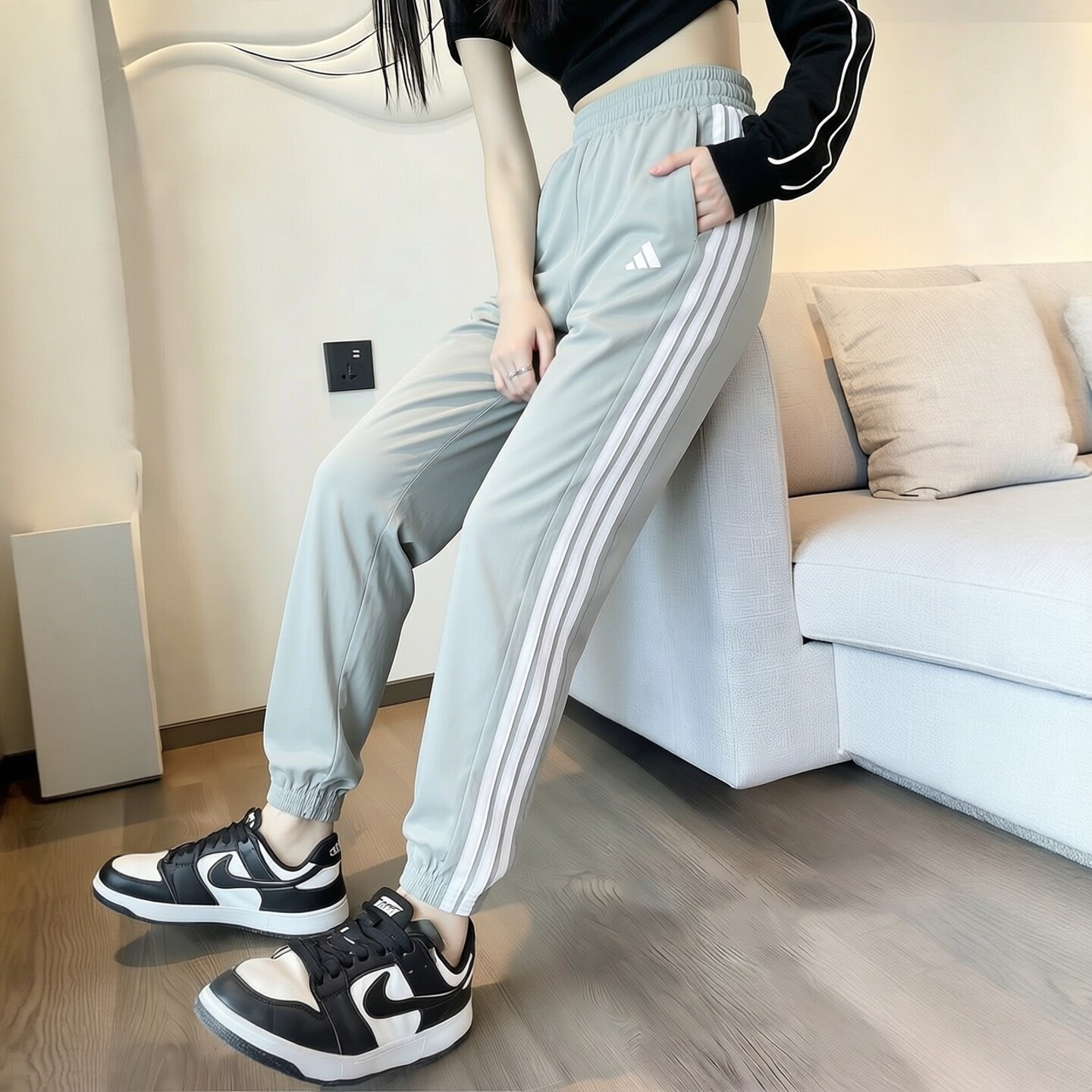 阿迪达斯绿色女裤新款运动裤跑步健身训练裤透气休闲束脚长裤
