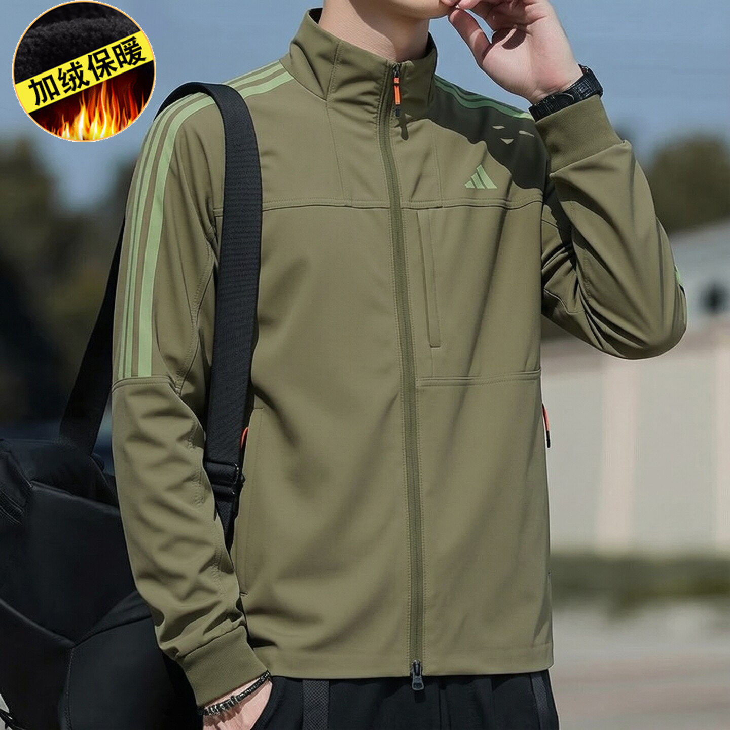 阿迪达斯外套男装新款户外运动服梭织加绒保暖防风连帽上衣夹克
