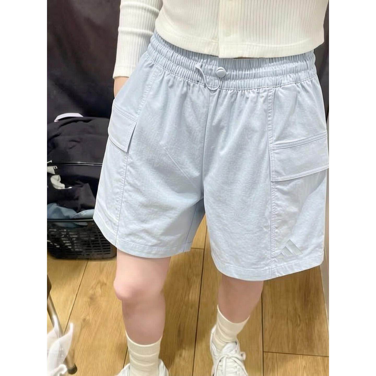 阿迪达斯短裤女夏季正品透气梭织拒水蓝色美式复古工装三分运动裤