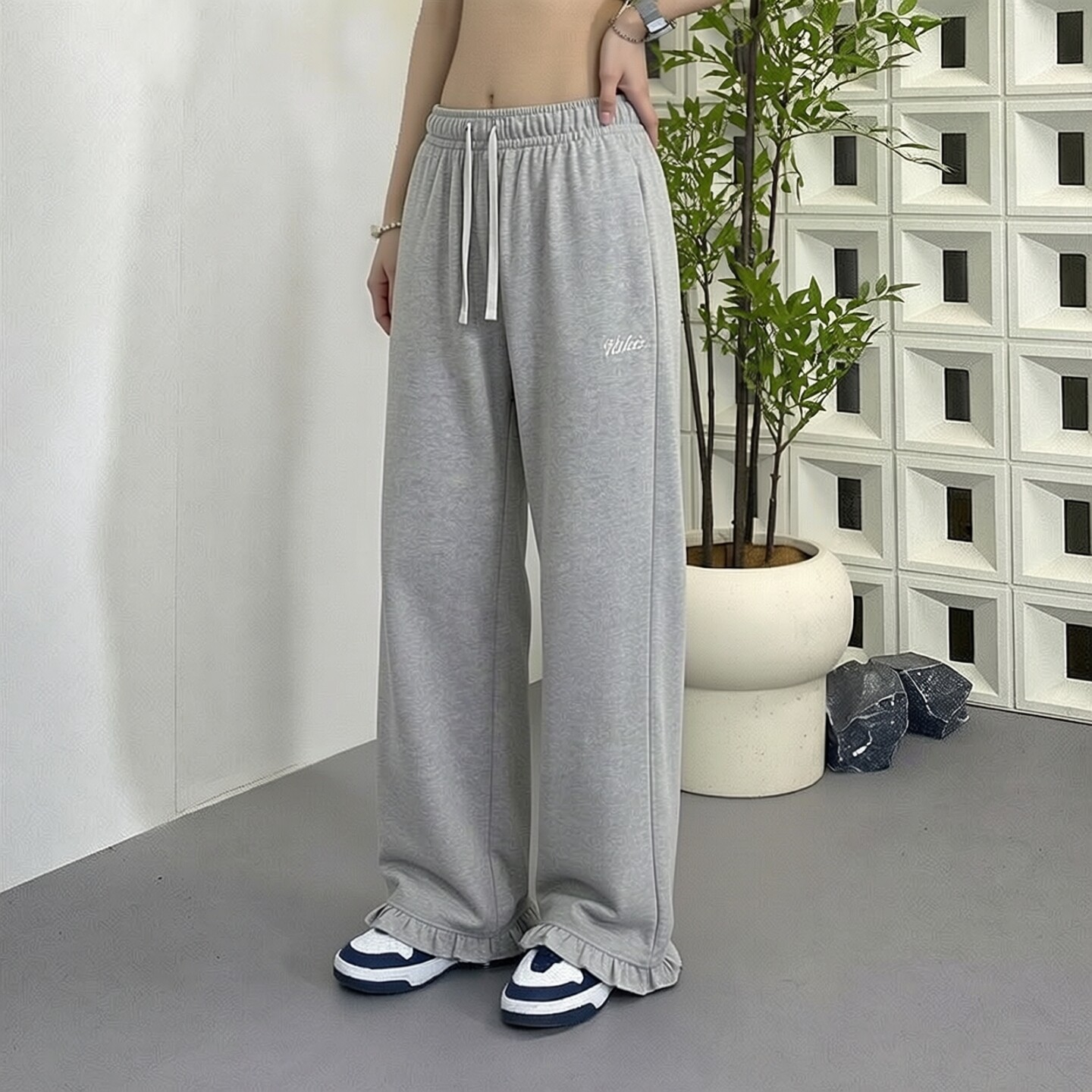 Nike耐克新款针织长裤潮流时尚女裤荷叶边直筒裤宽松阔腿运动裤子