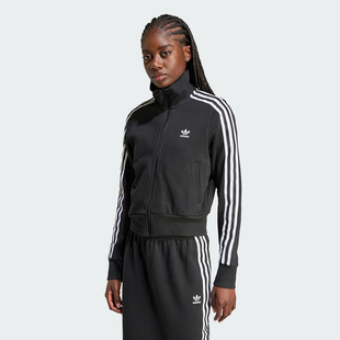 阿迪达斯Adidas三叶草女子黑色复古三条纹针织立领夹克外套IY7278