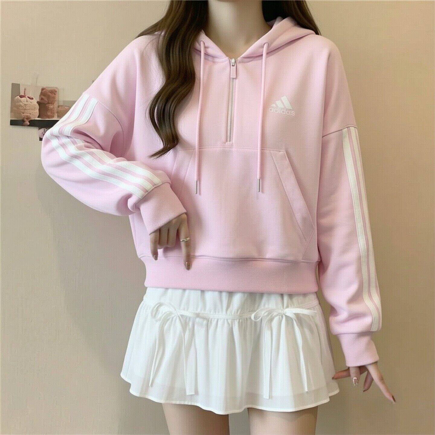 阿迪达斯粉色卫衣女装新款宽松运动服短款半拉链休闲服连帽套头衫