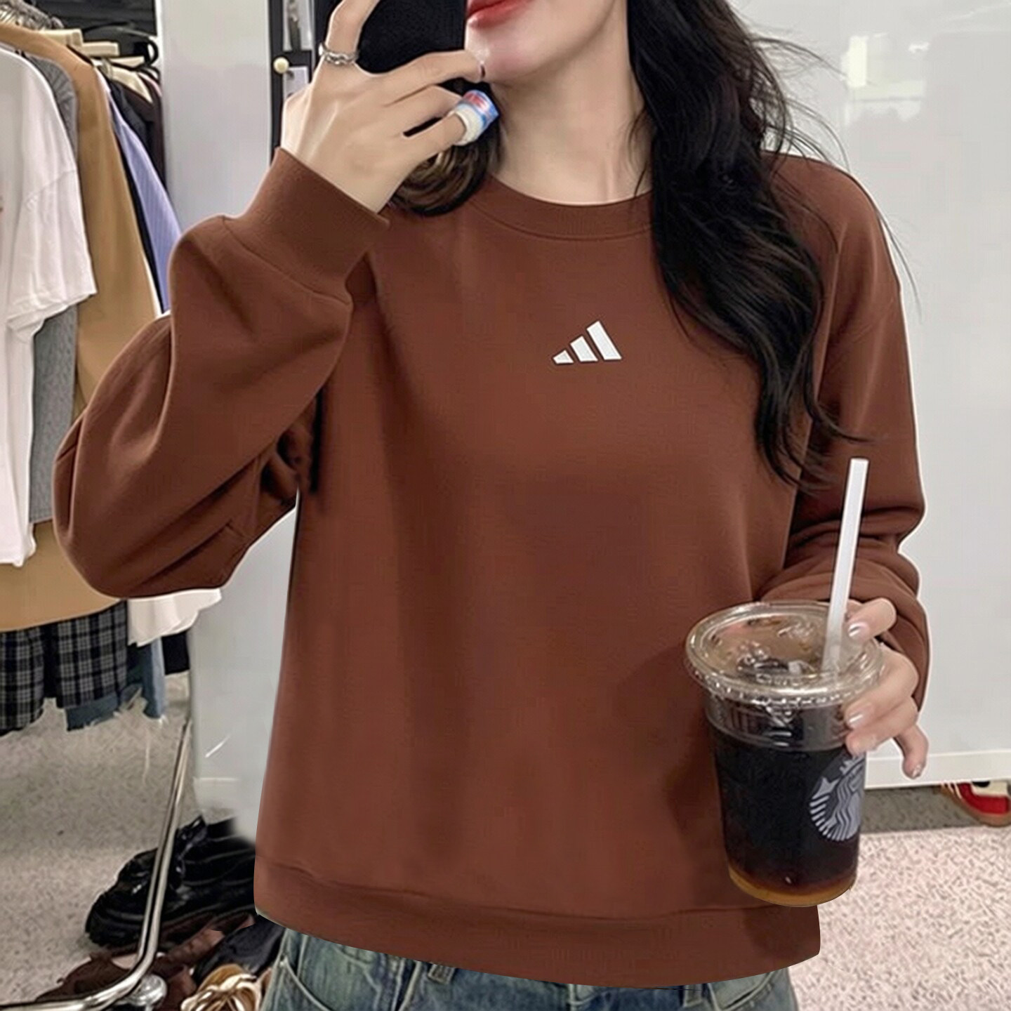 阿迪达斯卫衣女秋季新款针织上衣运动服棕色复古宽松保暖套头衫女