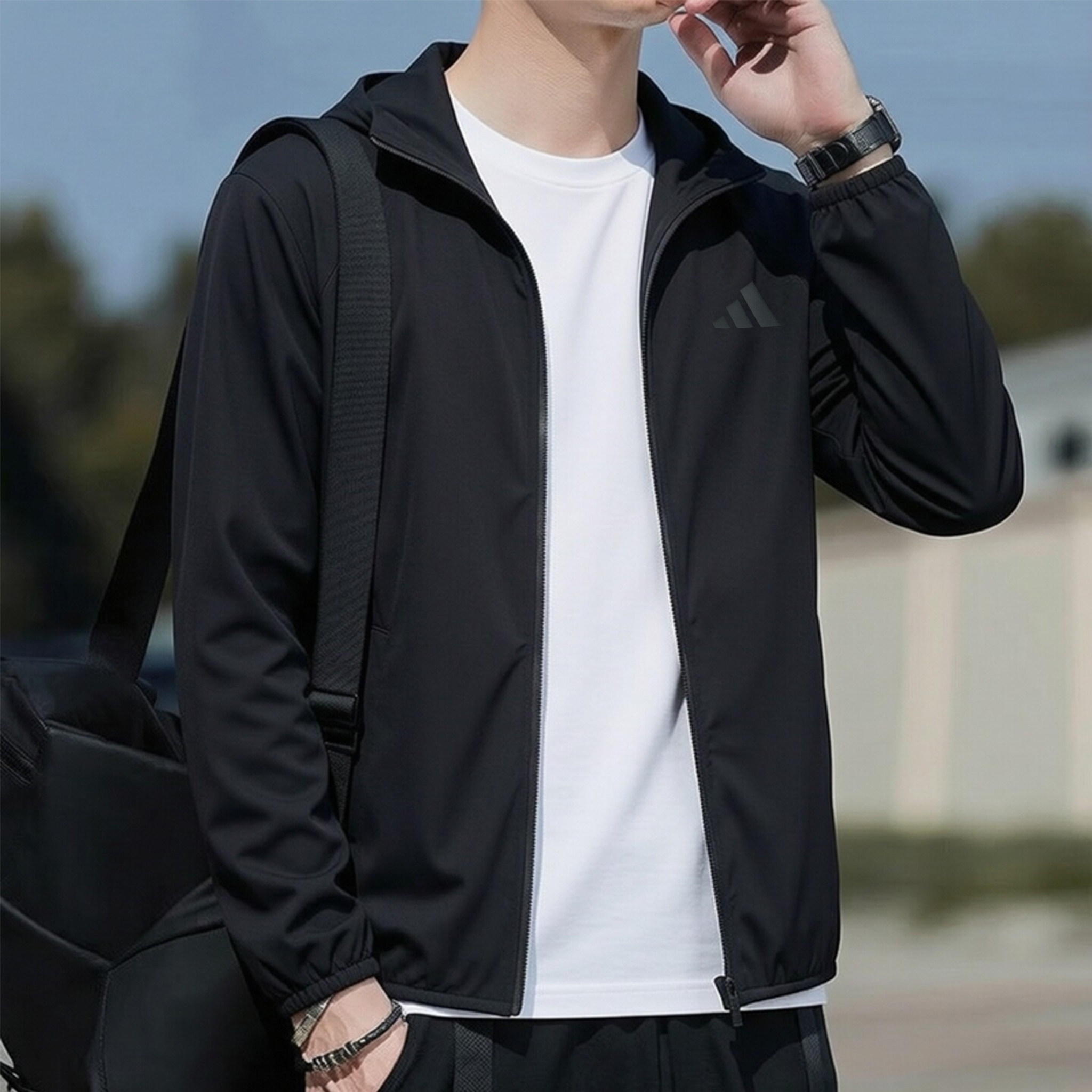 阿迪达斯外套男装新款跑步健身透气运动服防风连帽纯色夹克上衣
