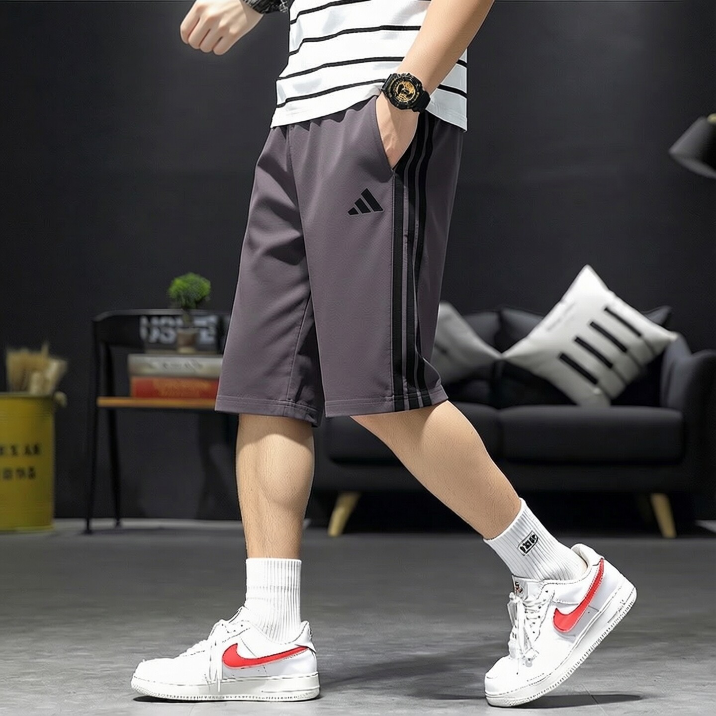 adidas阿迪达斯篮球短裤男夏正品透气灰色美式休闲针织宽松五分裤