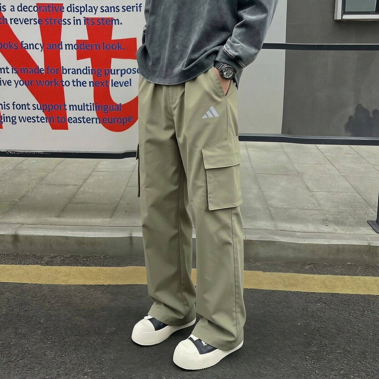 阿迪达斯工装裤男士新款直筒透气休闲裤宽松阔腿长裤男绿色运动裤