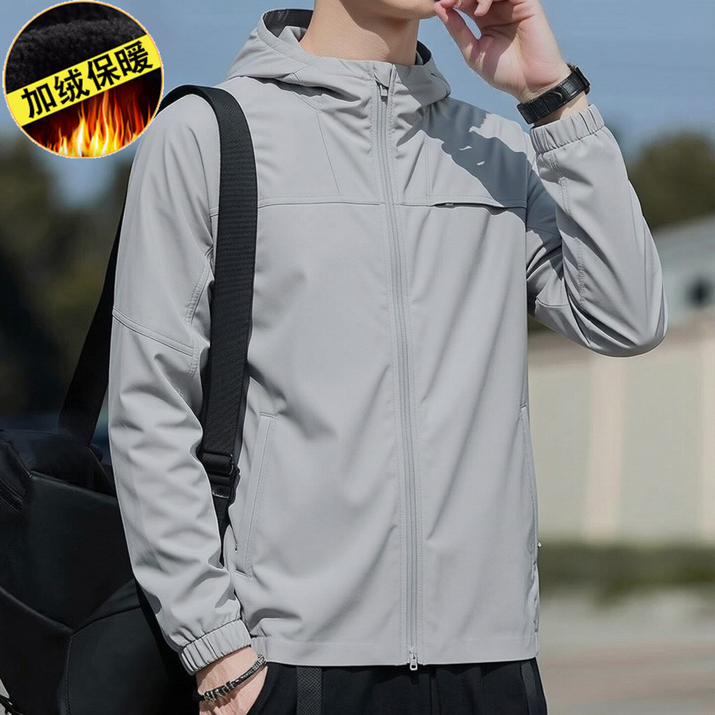 阿迪达斯灰色外套男士新款加绒保暖运动服连帽拒水防风衣休闲夹克