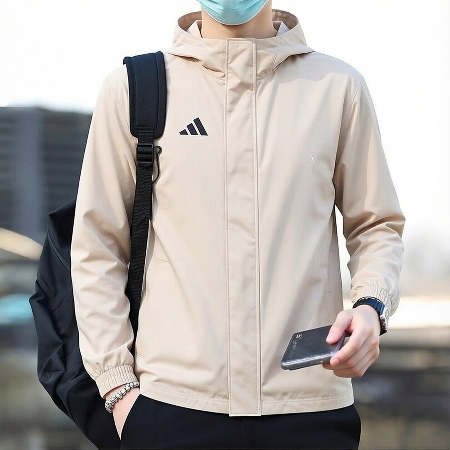 阿迪达斯宽松连帽外套男新款防风健身训练运动服纯色简约休闲夹克