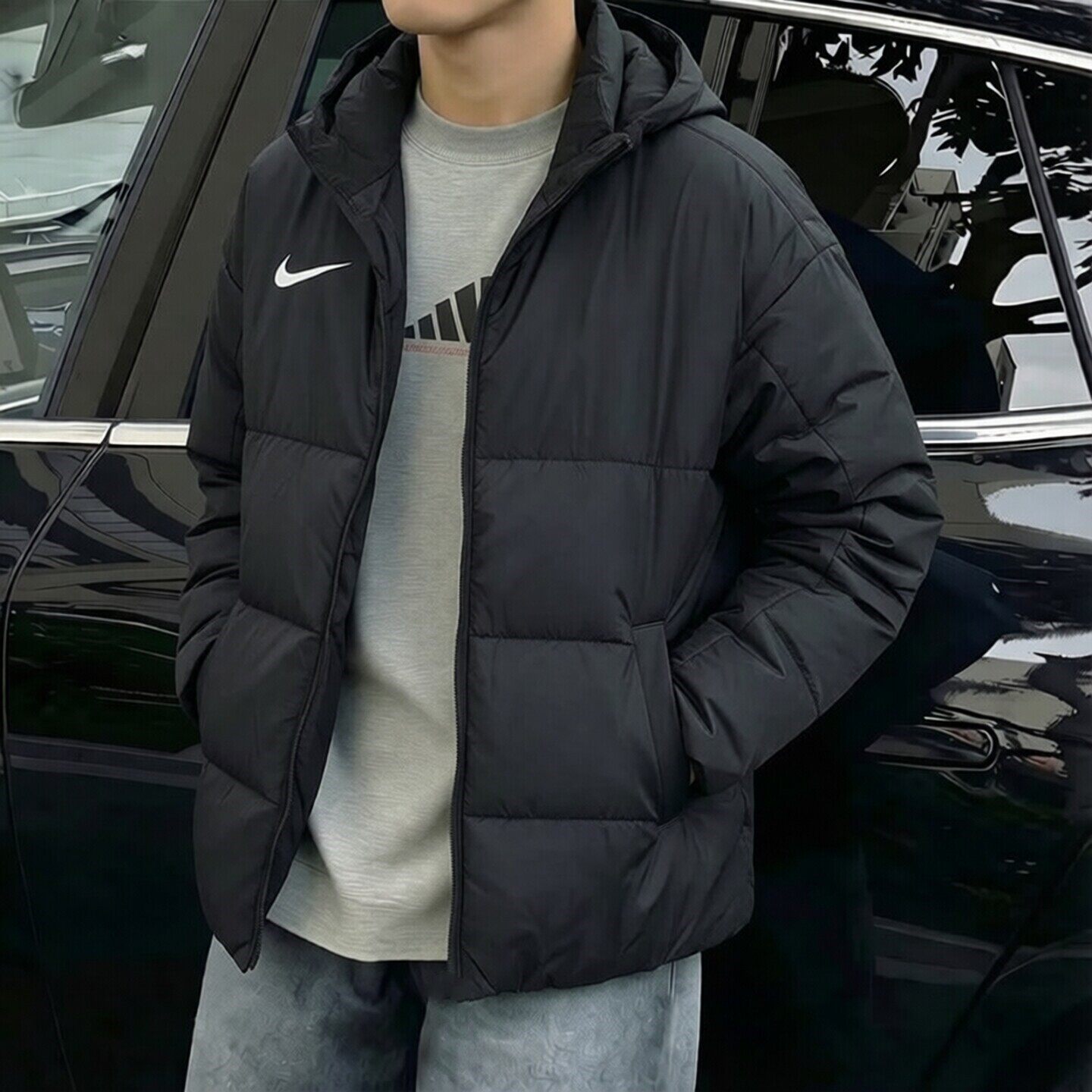 Nike耐克男士连帽棉服冬季新款加厚款保暖外套黑色防水运动装上衣