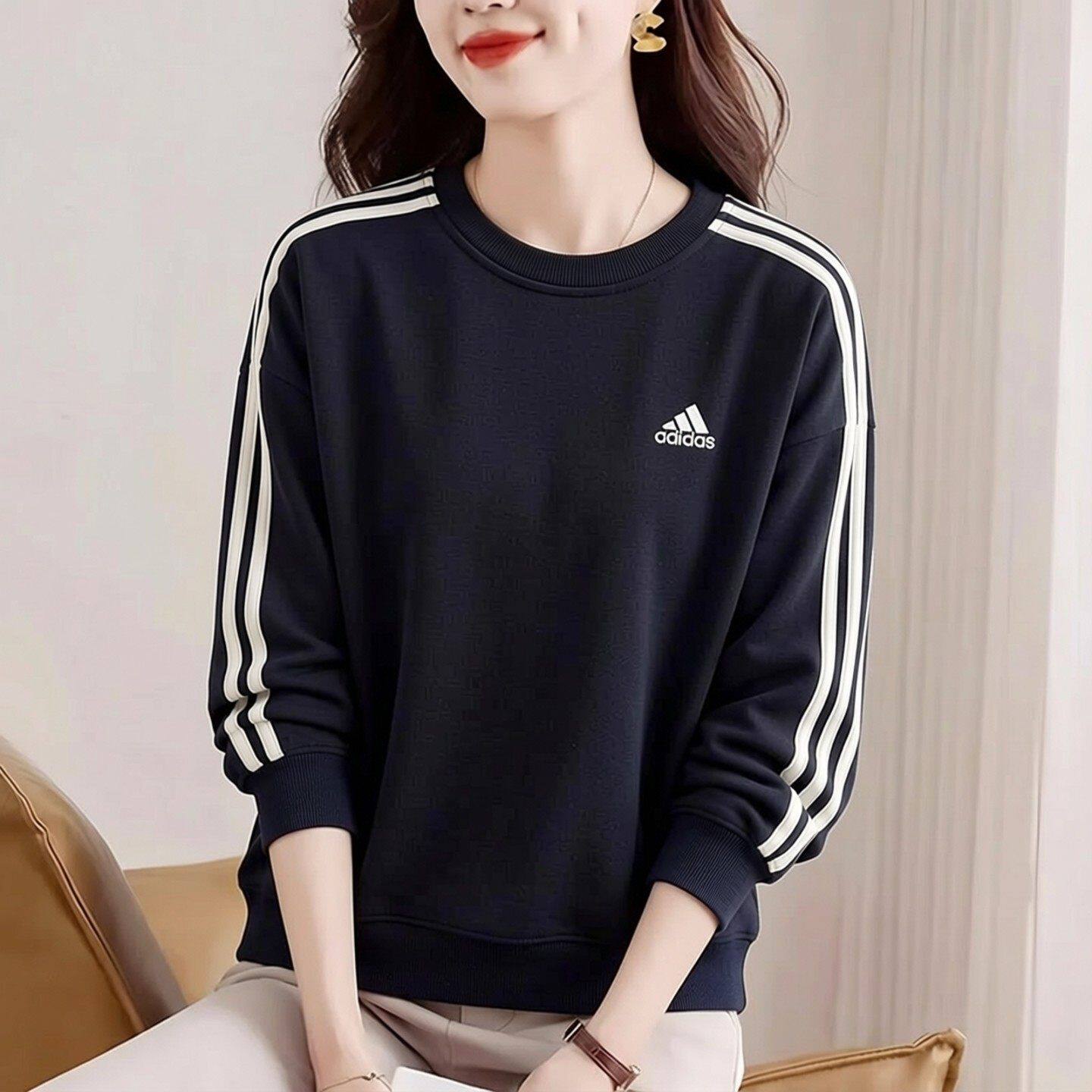 阿迪达斯黑色卫衣女上衣秋季新款宽松运动韩版正品针织打底套头衫