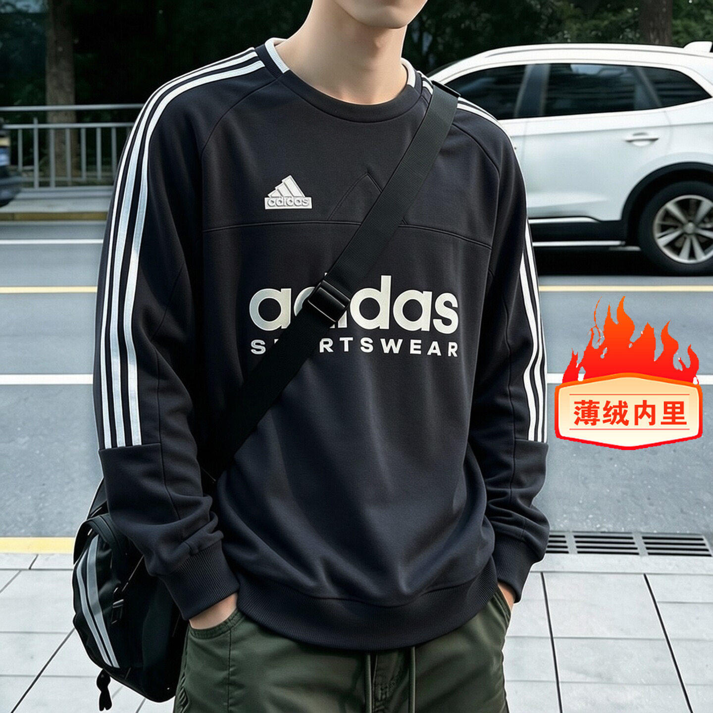 adidas加绒卫衣男秋复古韩版运动上衣宽松保暖字母阿迪达斯套头衫